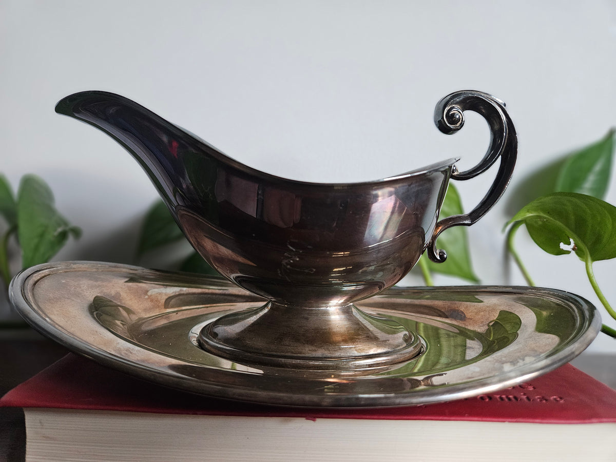 Vintage Silver-Plated Gravy Boat & Serving Tray