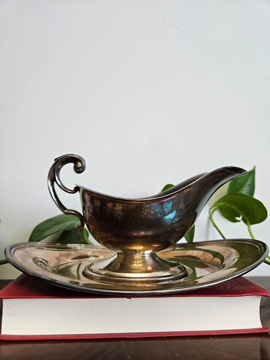 Vintage Silver-Plated Gravy Boat & Serving Tray